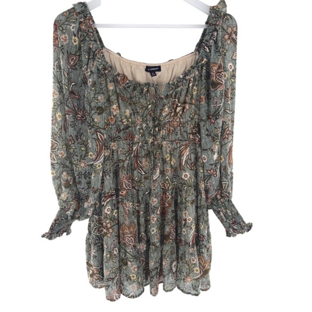 Blu Pepper Peasant Top Smocked Floral Paisley Print Size M Green